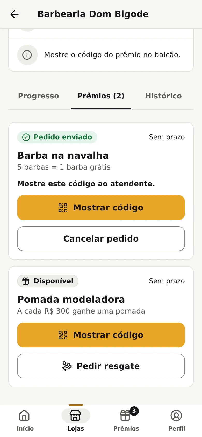 App do cliente: prêmios para retirar e pedido de resgate