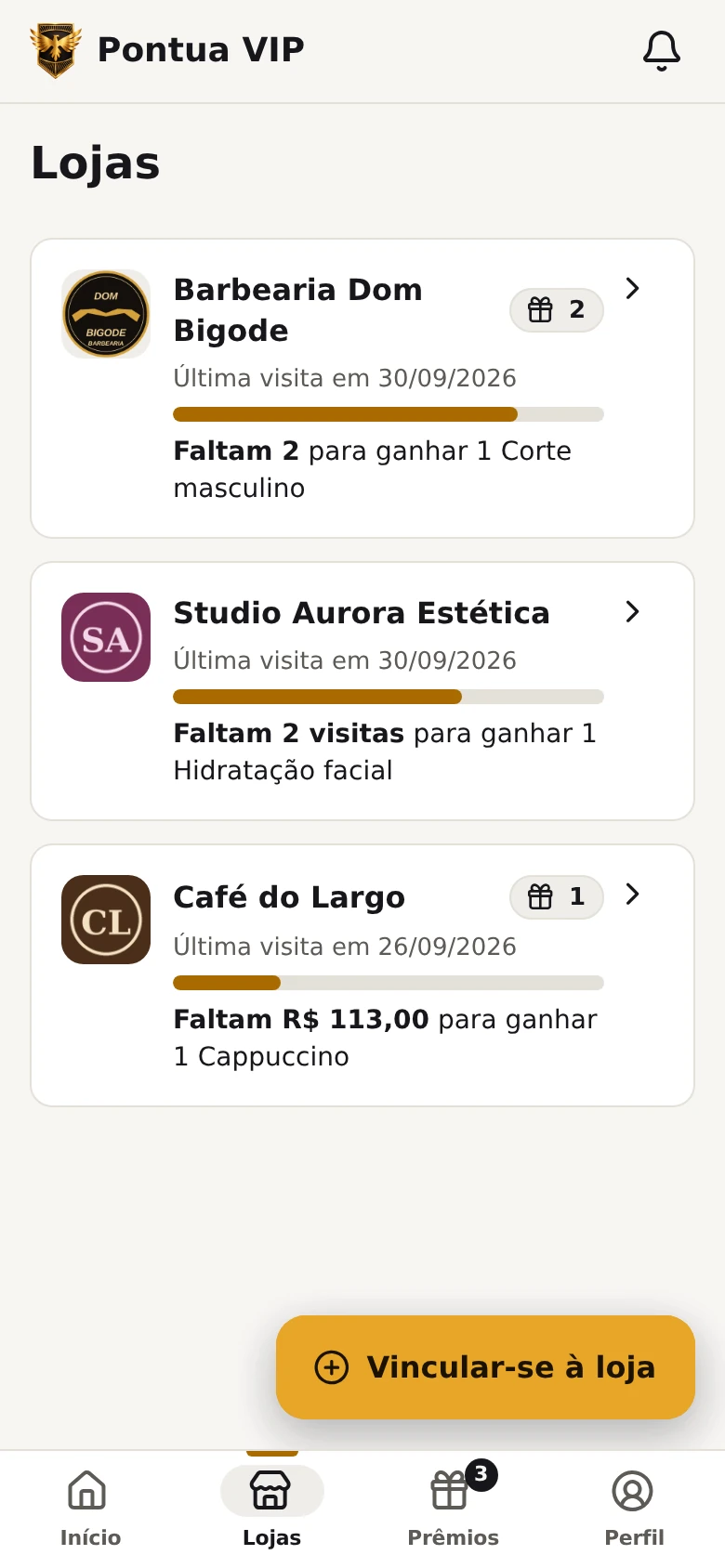 App do cliente: lojas e quanto falta para o próximo prêmio